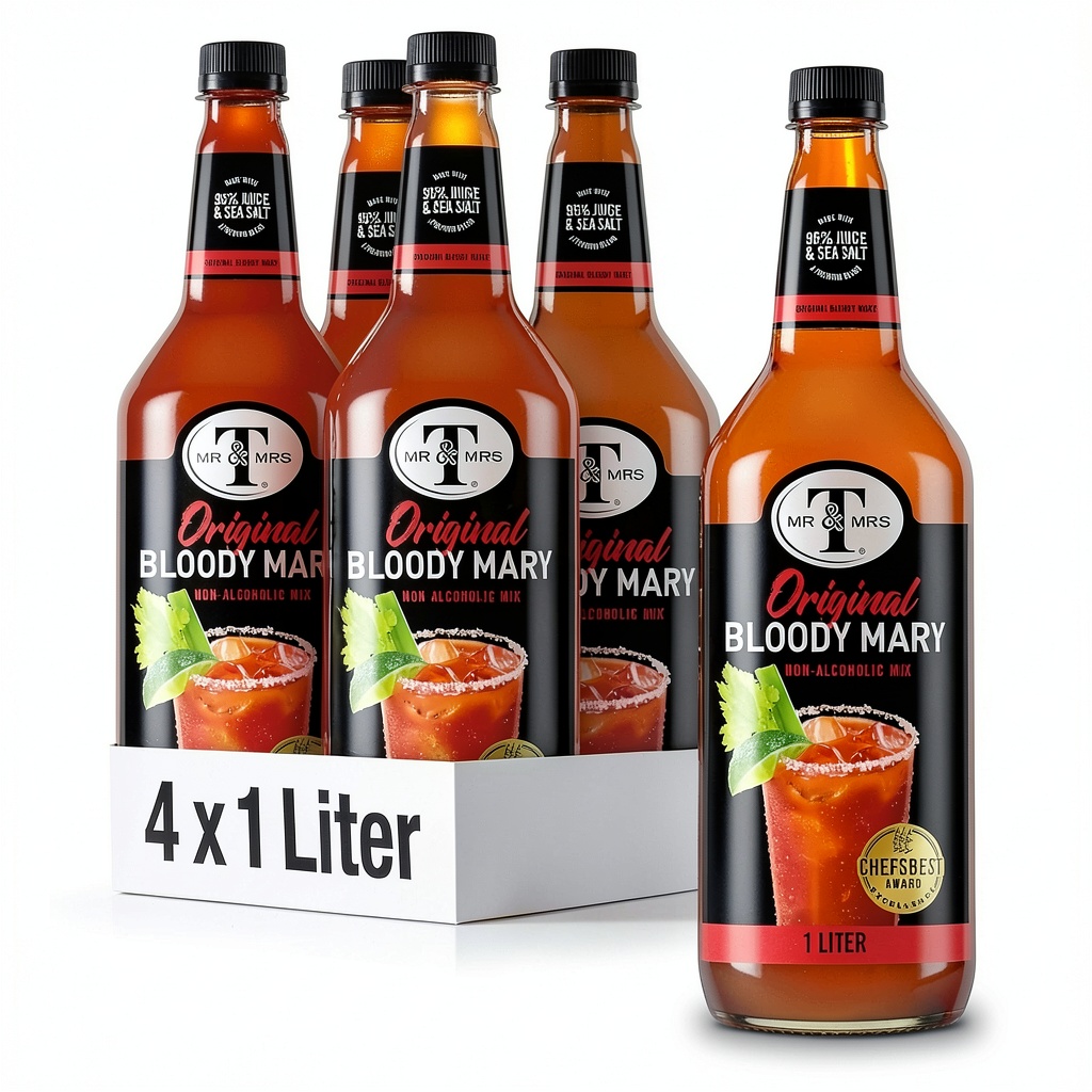 'Mr Mrs T Bloody Mary Mix bottle displayed on a bar counter'