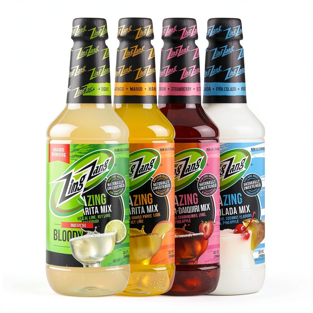 Zing Zang Cocktail Mixers 32 Fl Oz Variety Pack displayed on a bar counter during a party setup